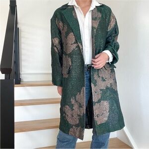 Dries Van Noten Floral Brocade Green Gold Metallic Pea Trench Coat Jacket Small